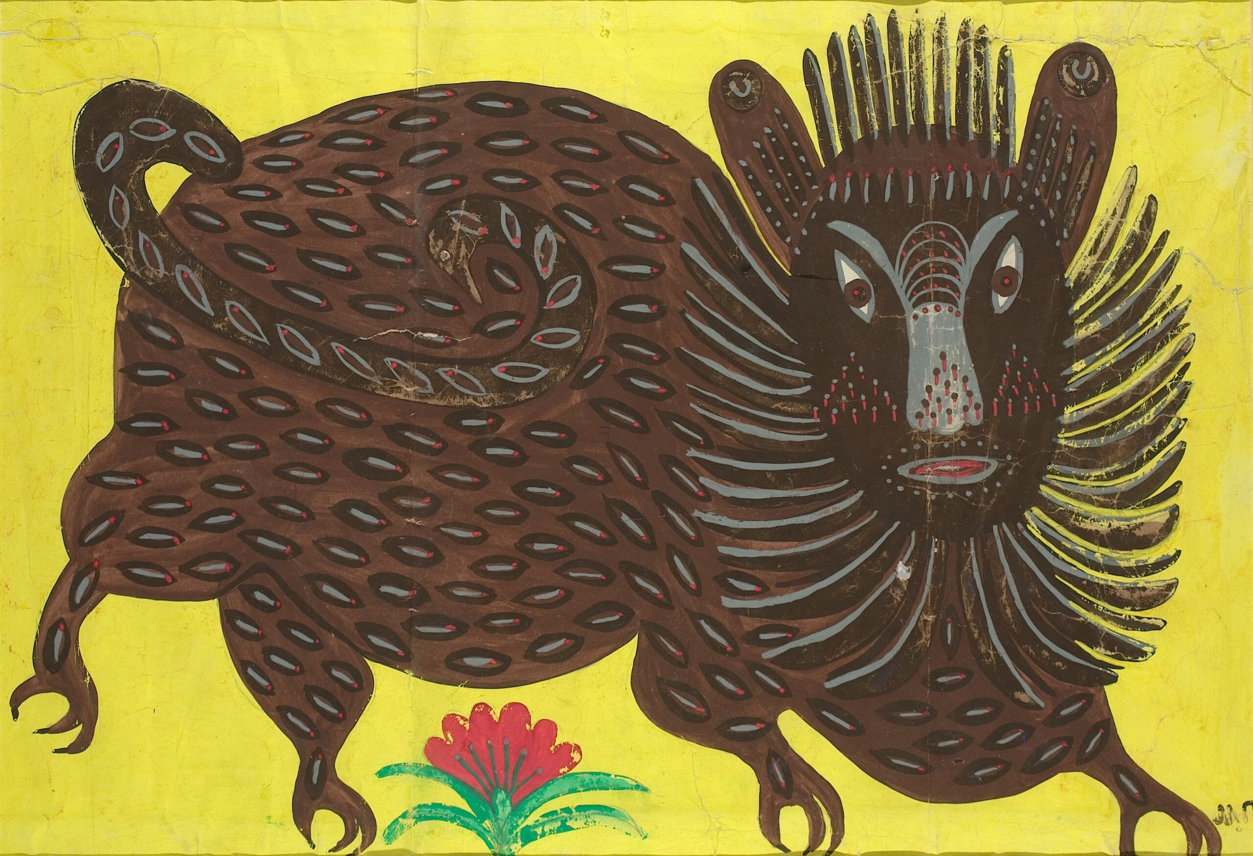 Das Bild ist ein Kunstwerk von Maria Prymachenko. Es zeigt eine Bestie in brauner Farbe vor einem grell gelben Hintergrund. Die Bestie hat eine Mähne ähnlich wie ein Löwe und hat vier kräftige Beine. in der Mitte am unteren Bildrand wächst zwischen den Beinen eine rote Blume.